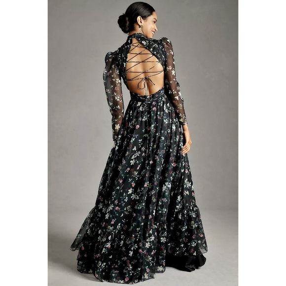 Mac Duggal Floral Indy A-Line Ruffled Back-Lace Up Chiffon Dark Gown - Picture 6 of 7